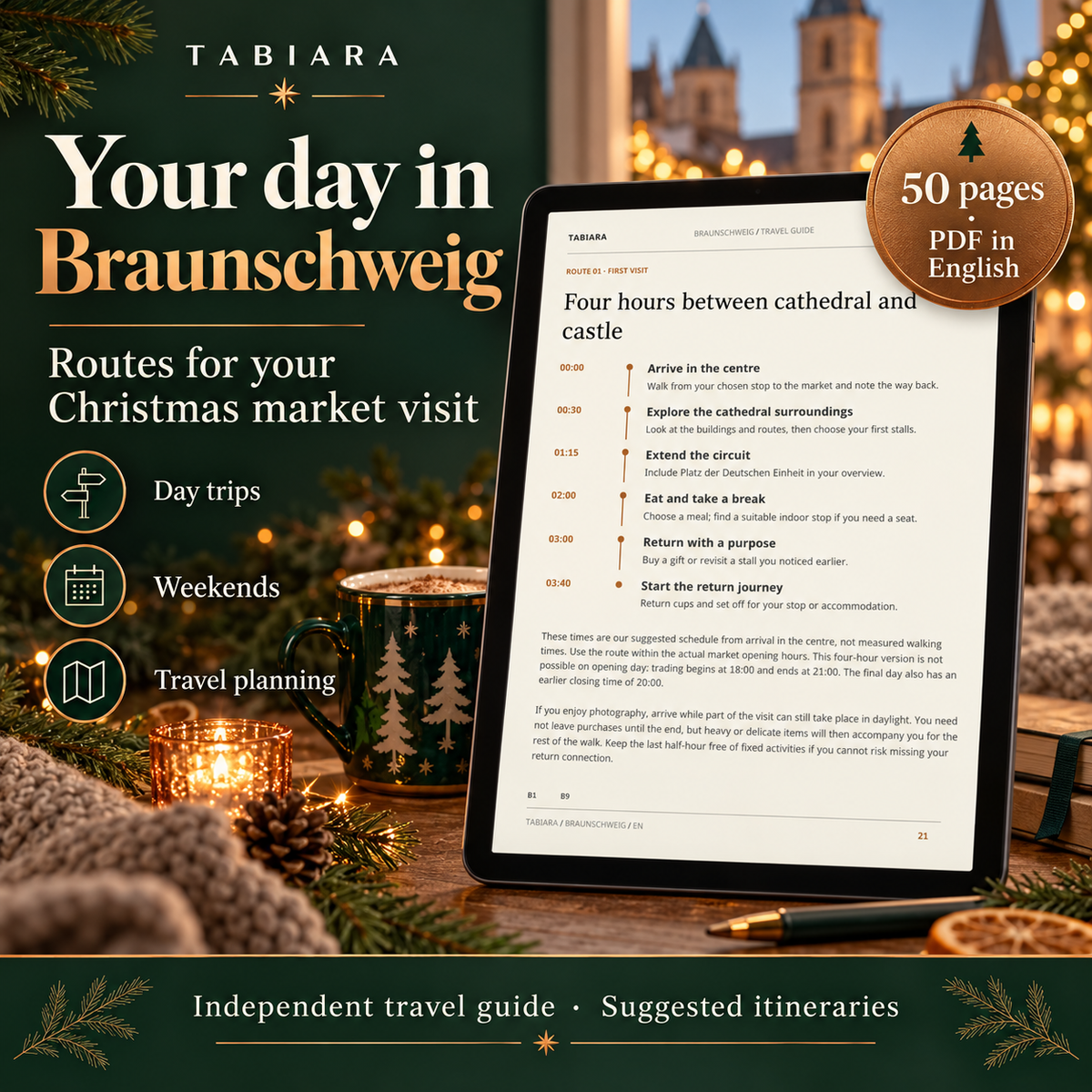 Route planning pages from the Braunschweig Christmas market guide with a four-hour circuit and a weekend plan (illustration)