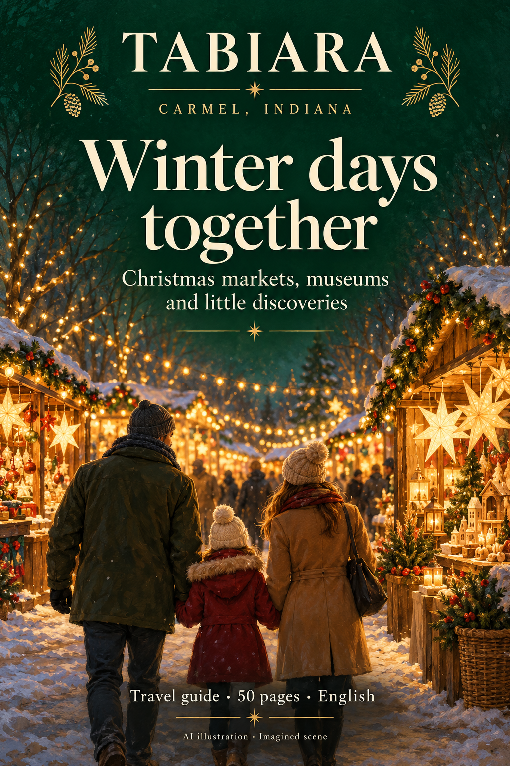 A family visiting the Christmas market in Carmel, Indiana during Advent (illustration)