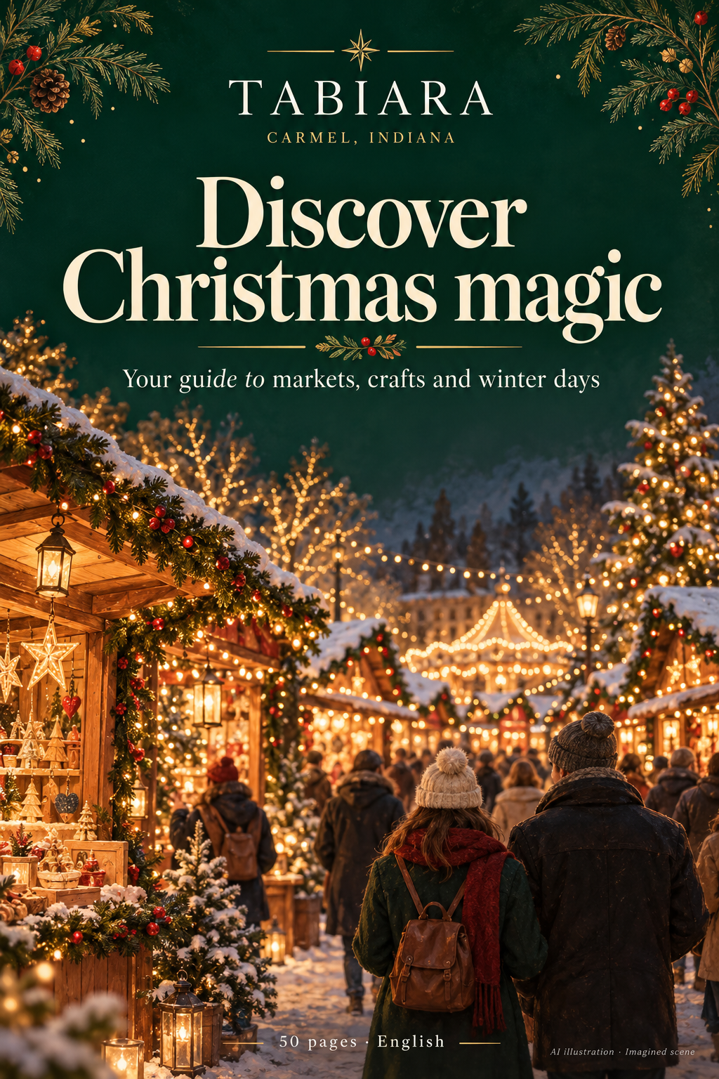 Cover of the Tabiara travel guide to the Carmel, Indiana Christmas market with a festive Advent market scene (illustration)