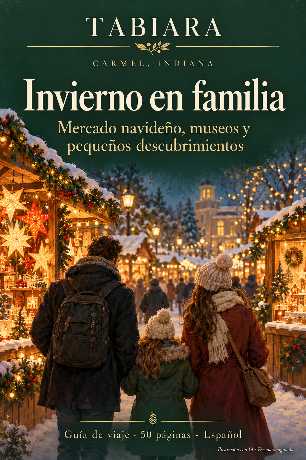 Familia paseando entre casetas iluminadas de un mercado navideño en Carmel (ilustración)