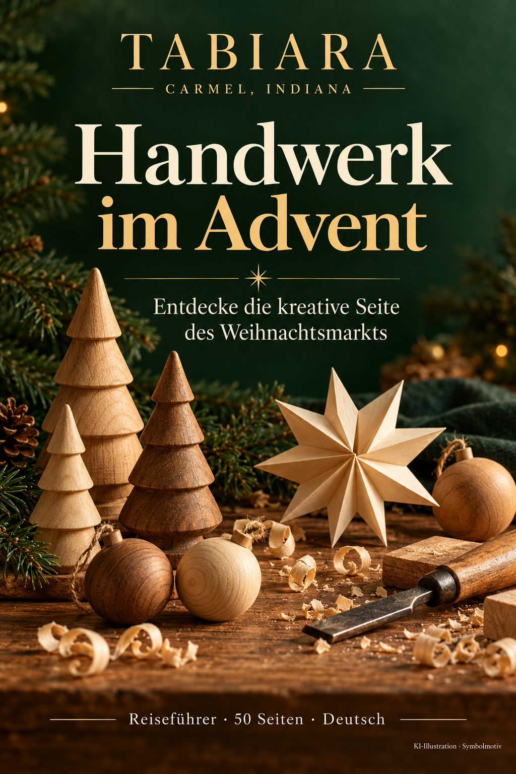 Weihnachtliches Kunsthandwerk aus Holz und Glas an einem Marktstand in Carmel, Indiana (Illustration)