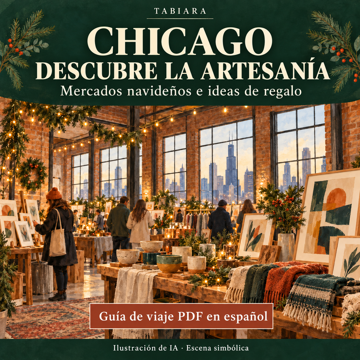Puestos con artesanía y objetos hechos a mano como ideas de regalo en un mercado navideño de Chicago (ilustración)