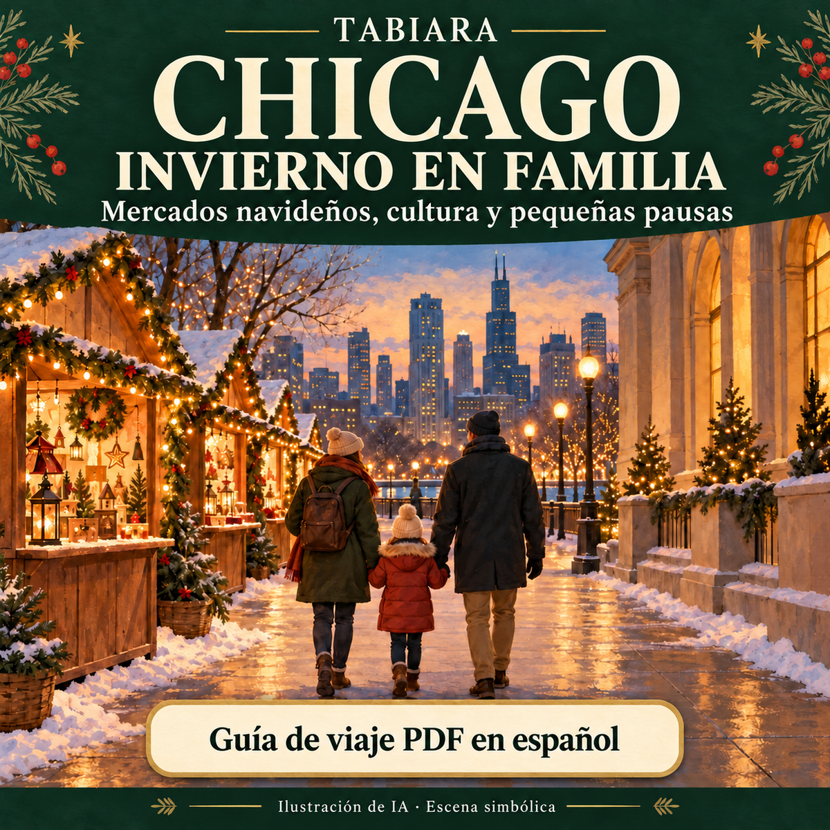 Familia de viaje por Chicago en invierno entre luces navideñas y visitas culturales (ilustración)