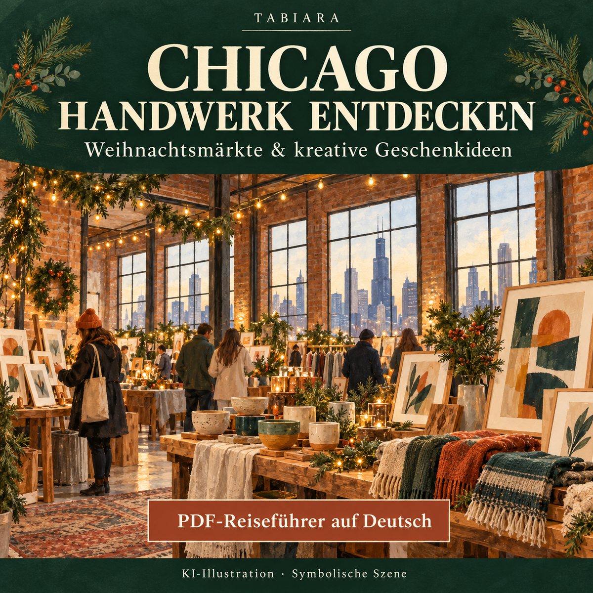 Kunsthandwerk und Geschenkideen an einem Chicagoer Weihnachtsmarktstand (Illustration)