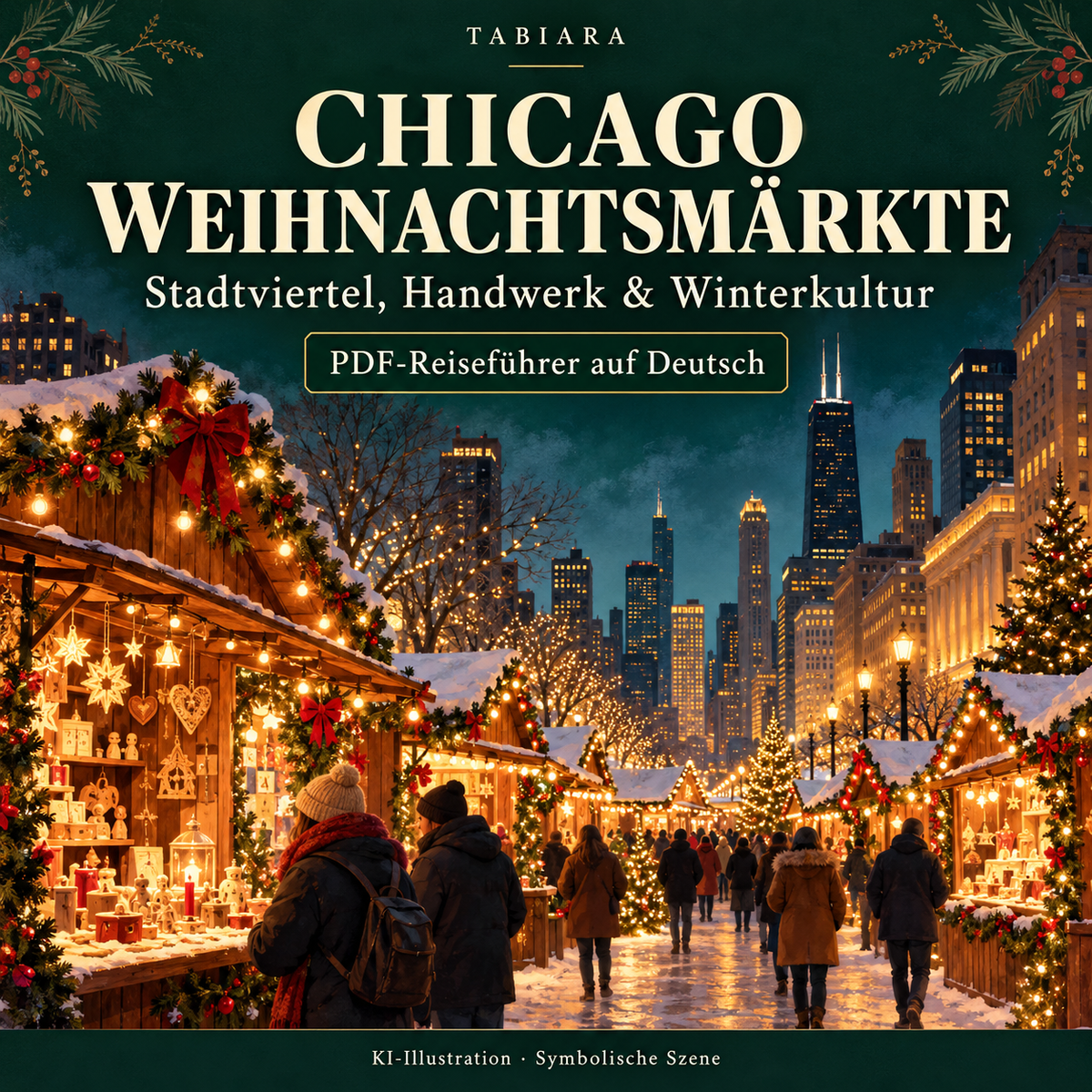 Titelmotiv des Chicago-Reiseführers mit winterlicher Stadtkultur und Weihnachtsmarktstimmung (Illustration)