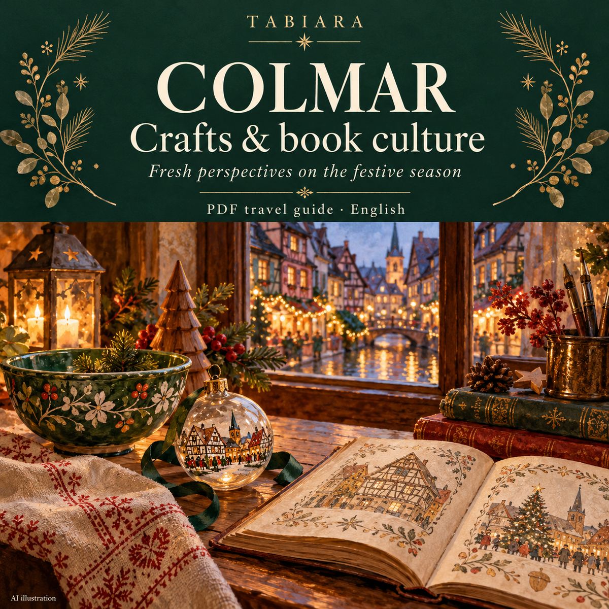 Guide page on crafts and book culture in Colmar with ceramics, glass and old printed books (illustration)