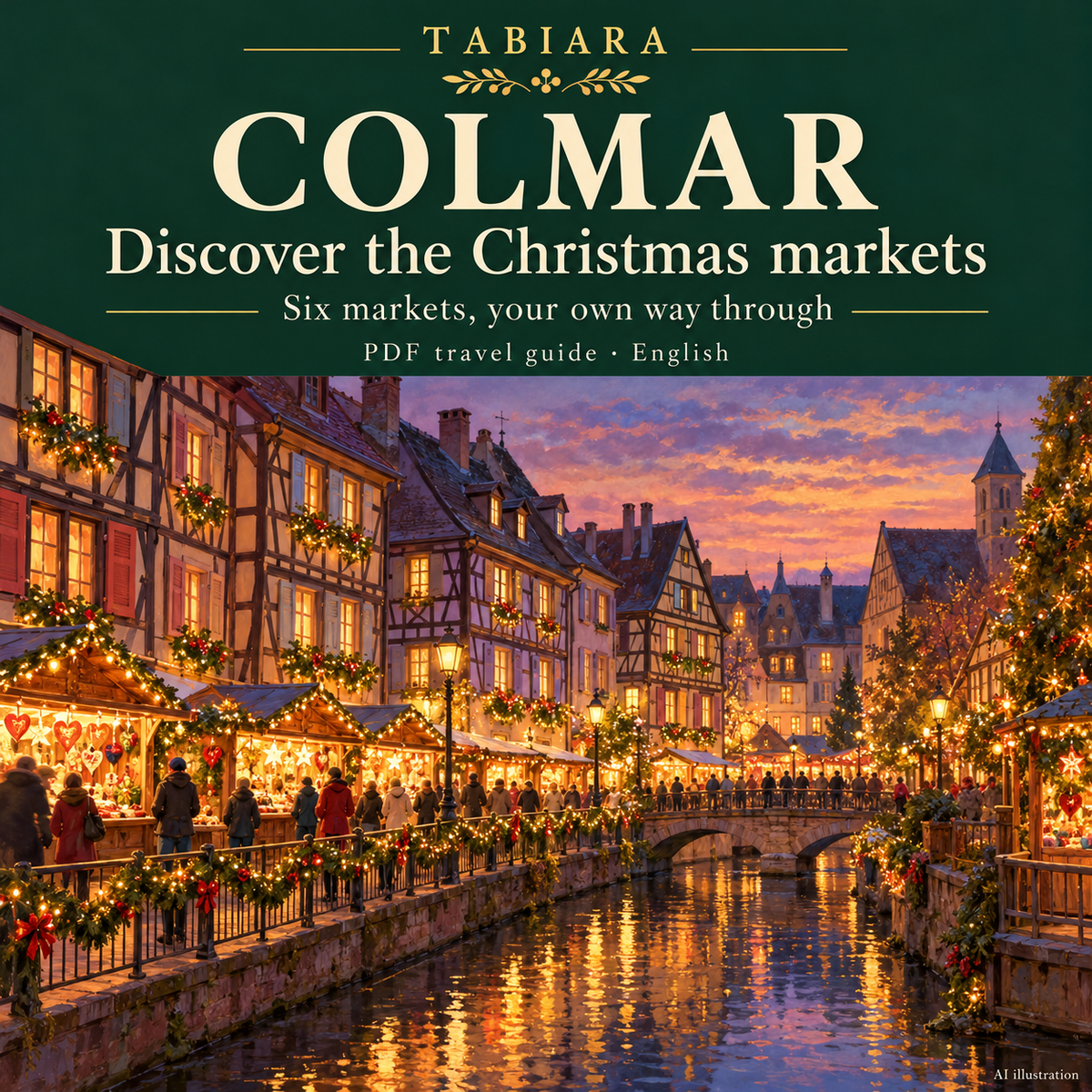 Cover of the Colmar Christmas markets travel guide with half-timbered houses in the old town at Advent (illustration)
