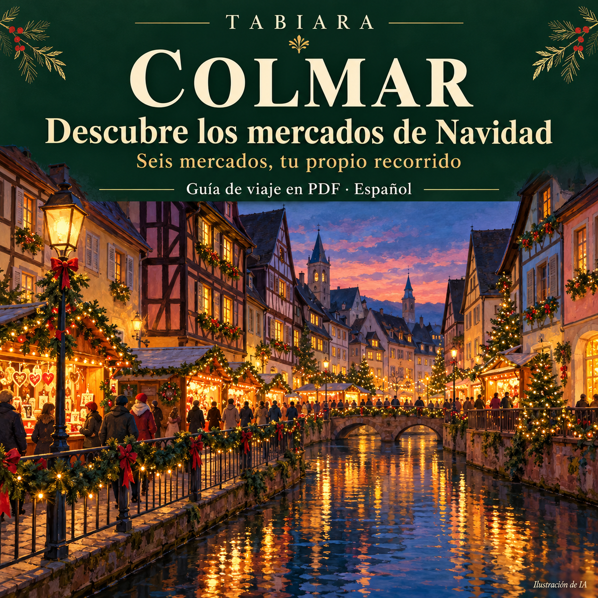 Portada de la guía: casco antiguo de Colmar en Navidad con casas de entramado y luces de Adviento (ilustración)