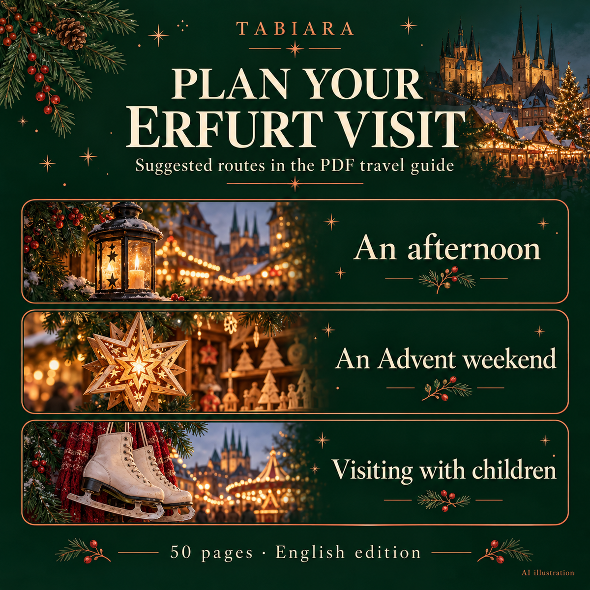 Route and trip-planning pages for an Advent visit to Erfurt's Christmas markets (illustration)