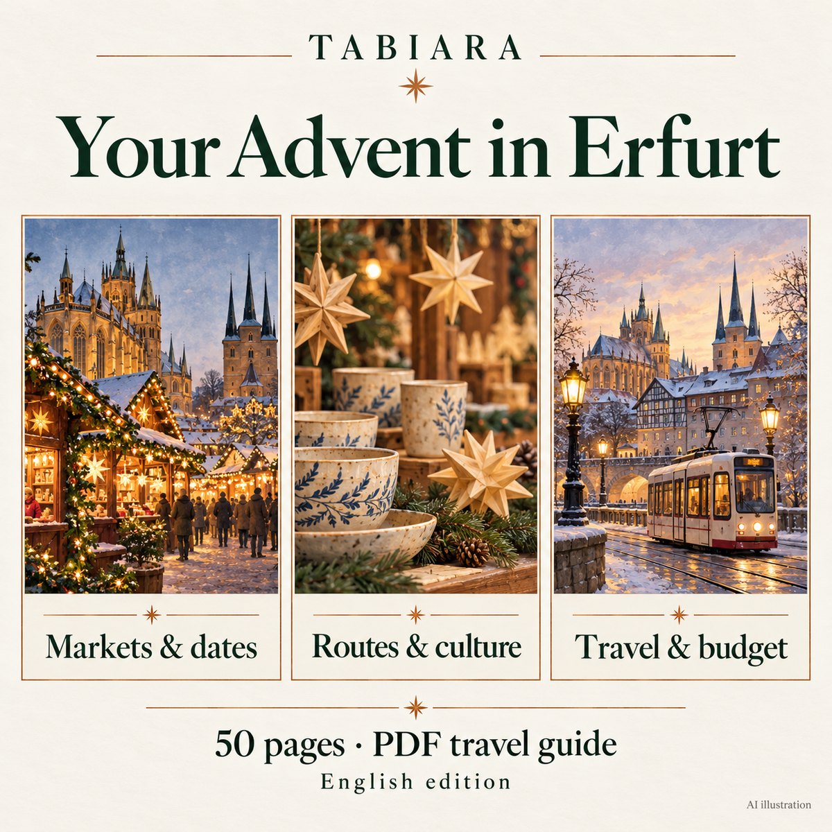 Preview of pages from the Erfurt Christmas market travel guide showing dates, opening times and tips (illustration)