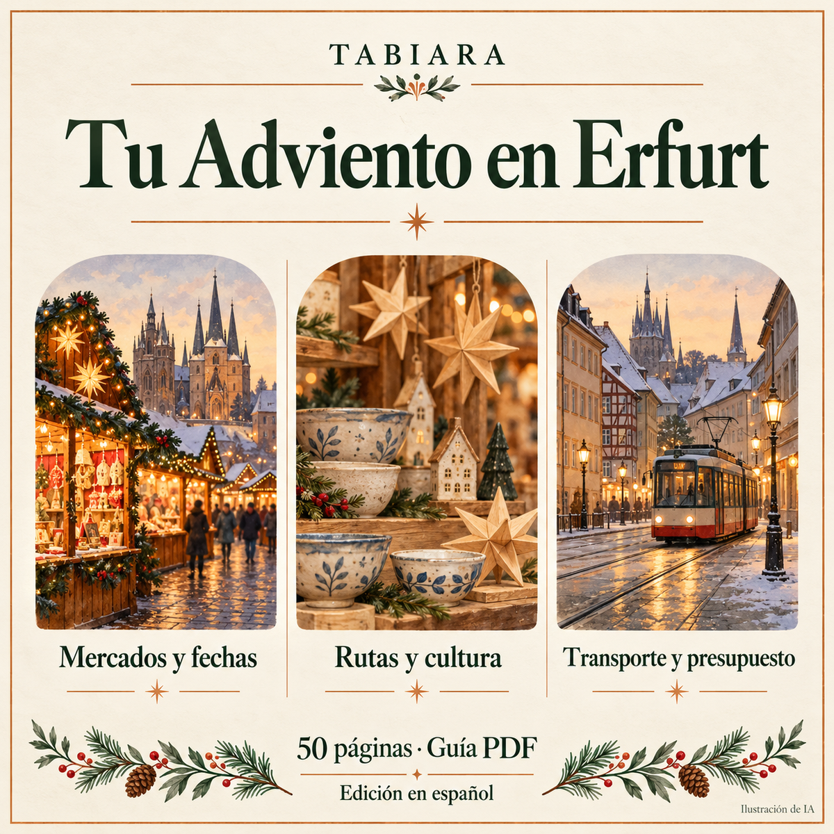 Vista interior de la guía de Erfurt con páginas de horarios, mercados y consejos de Adviento (ilustración)
