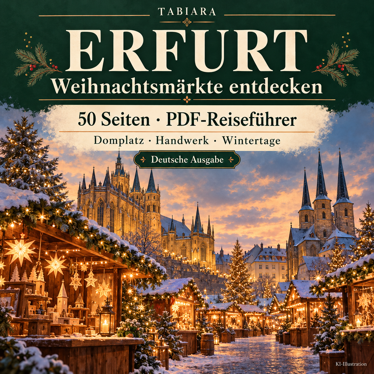 Titelseite des Tabiara-Reiseführers zu den Erfurter Weihnachtsmärkten 2026 mit Domplatz im Advent (Illustration)