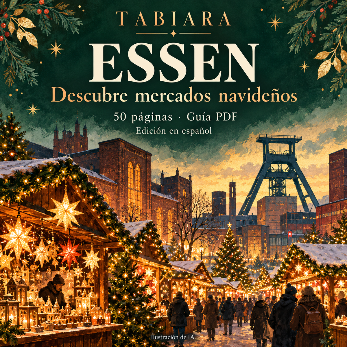 Portada de la guía en PDF de los mercados navideños de Essen 2026 de Tabiara (ilustración)