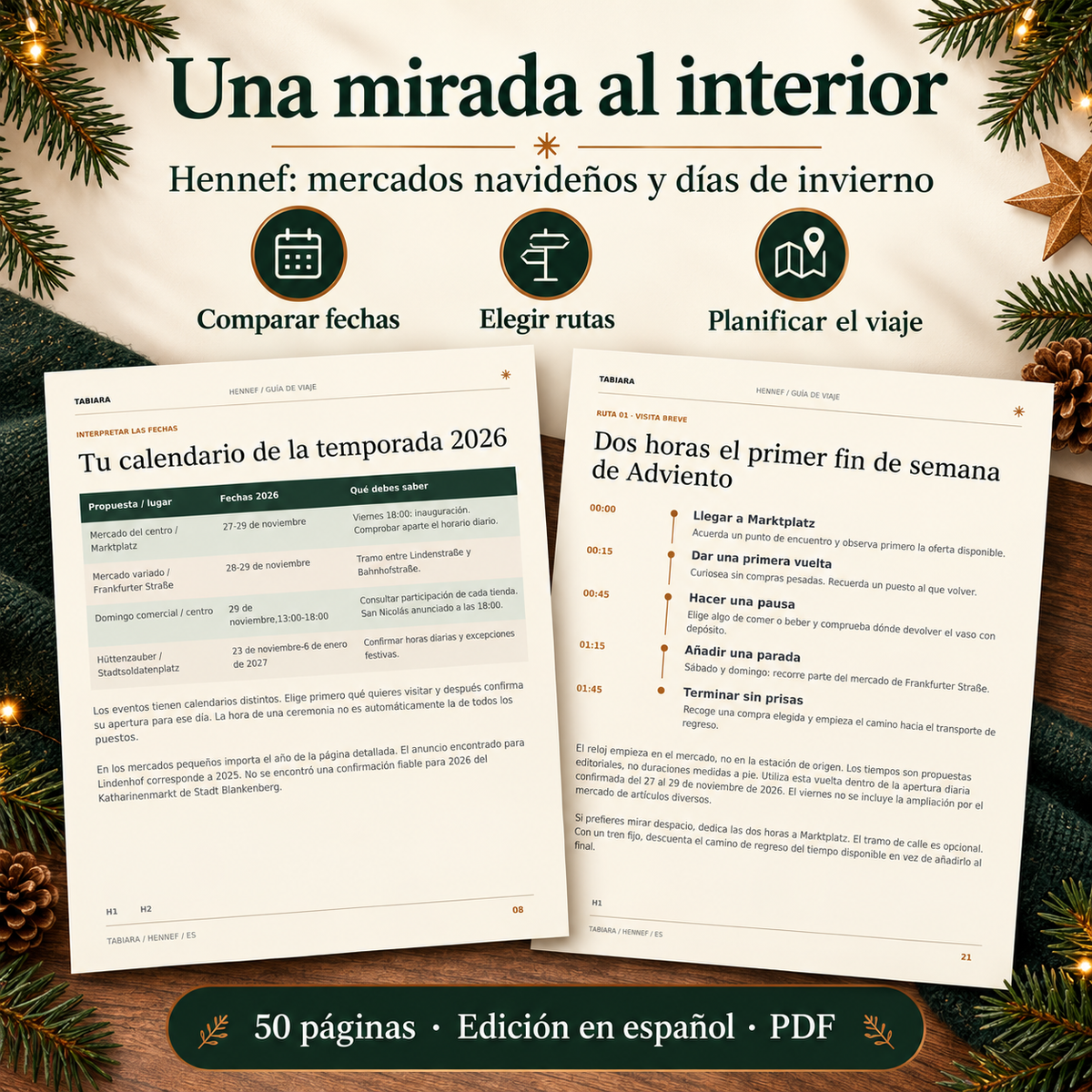 Páginas interiores de la guía de Hennef con calendario de mercados y consejos (ilustración)