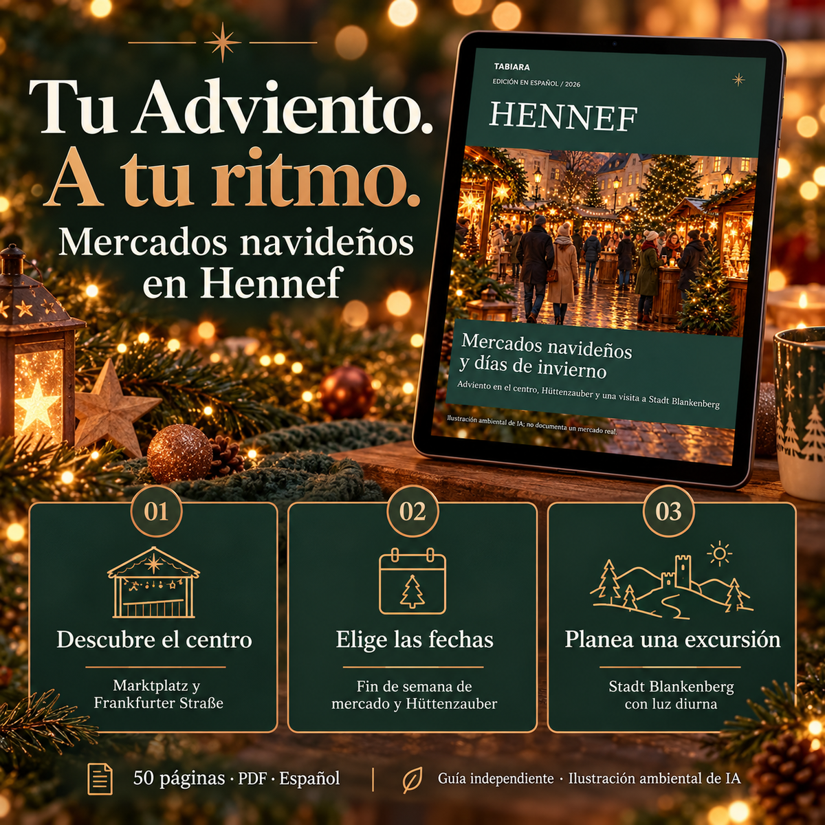 Páginas de rutas y planificación de la guía de Hennef para el Adviento 2026 (ilustración)