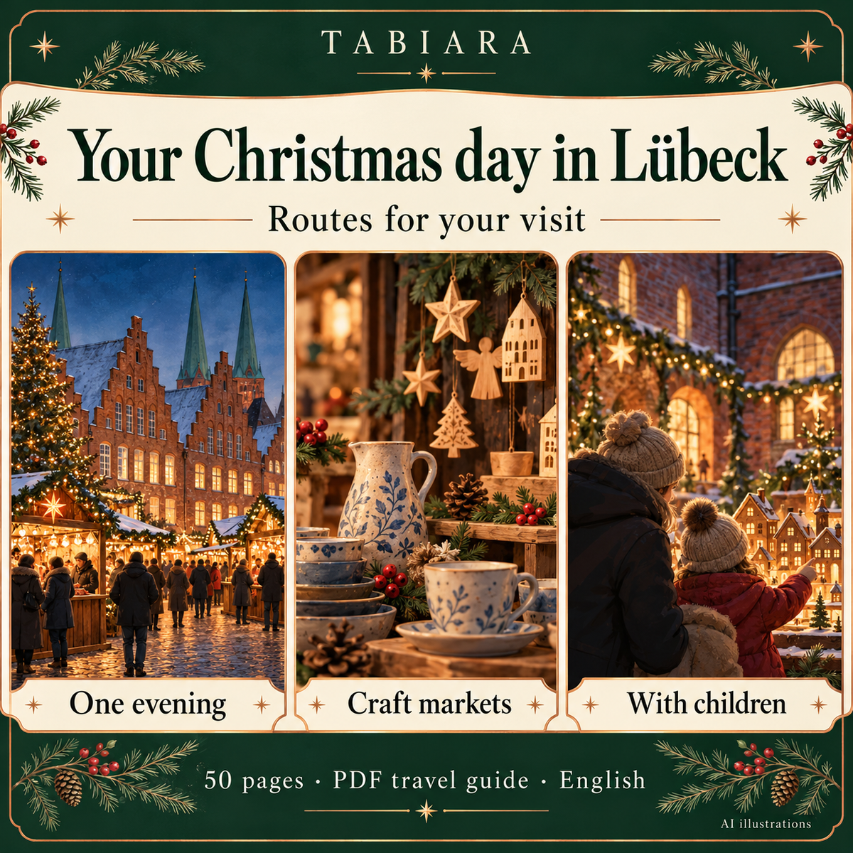 Route and trip-planning pages for a Christmas market visit to Lübeck's old town (illustration)