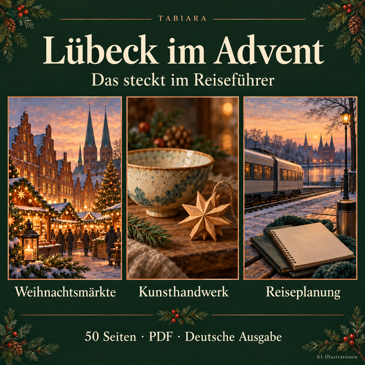 Einblick in die Innenseiten des Lübeck-Reiseführers mit Marktporträts, Kalender und Planungshinweisen (Illustration)
