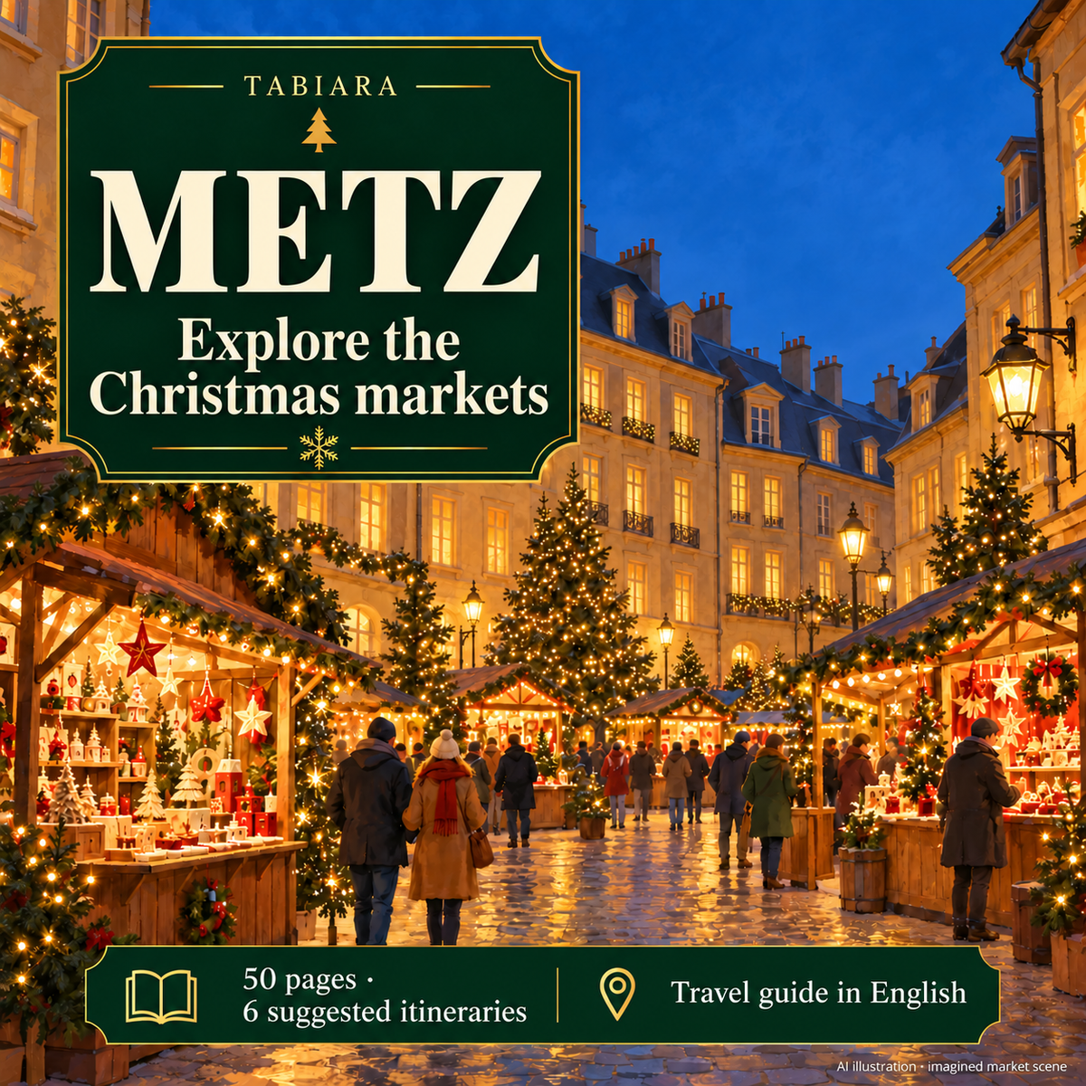 Cover of the Tabiara travel guide to the Metz Christmas markets 2026 with a winter market scene (illustration)