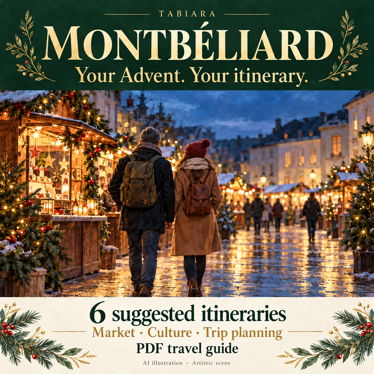 Itinerary and trip planning pages for a Christmas market visit to Montbéliard (illustration)