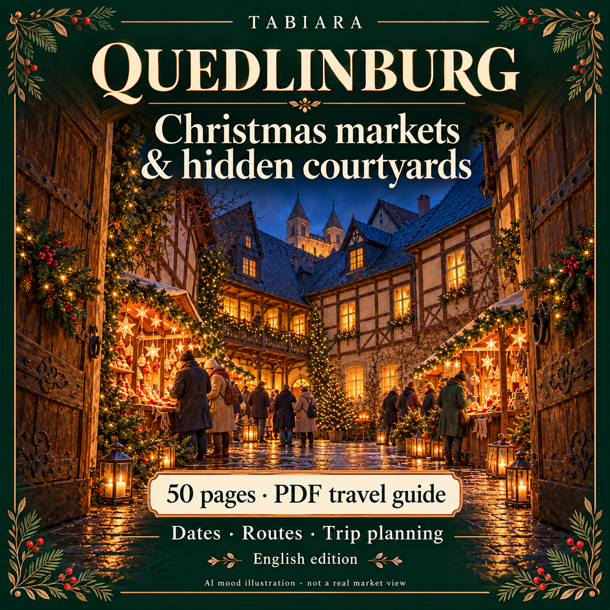 Cover of the Quedlinburg Christmas Markets 2026 PDF travel guide with timber-framed houses in Advent (illustration)