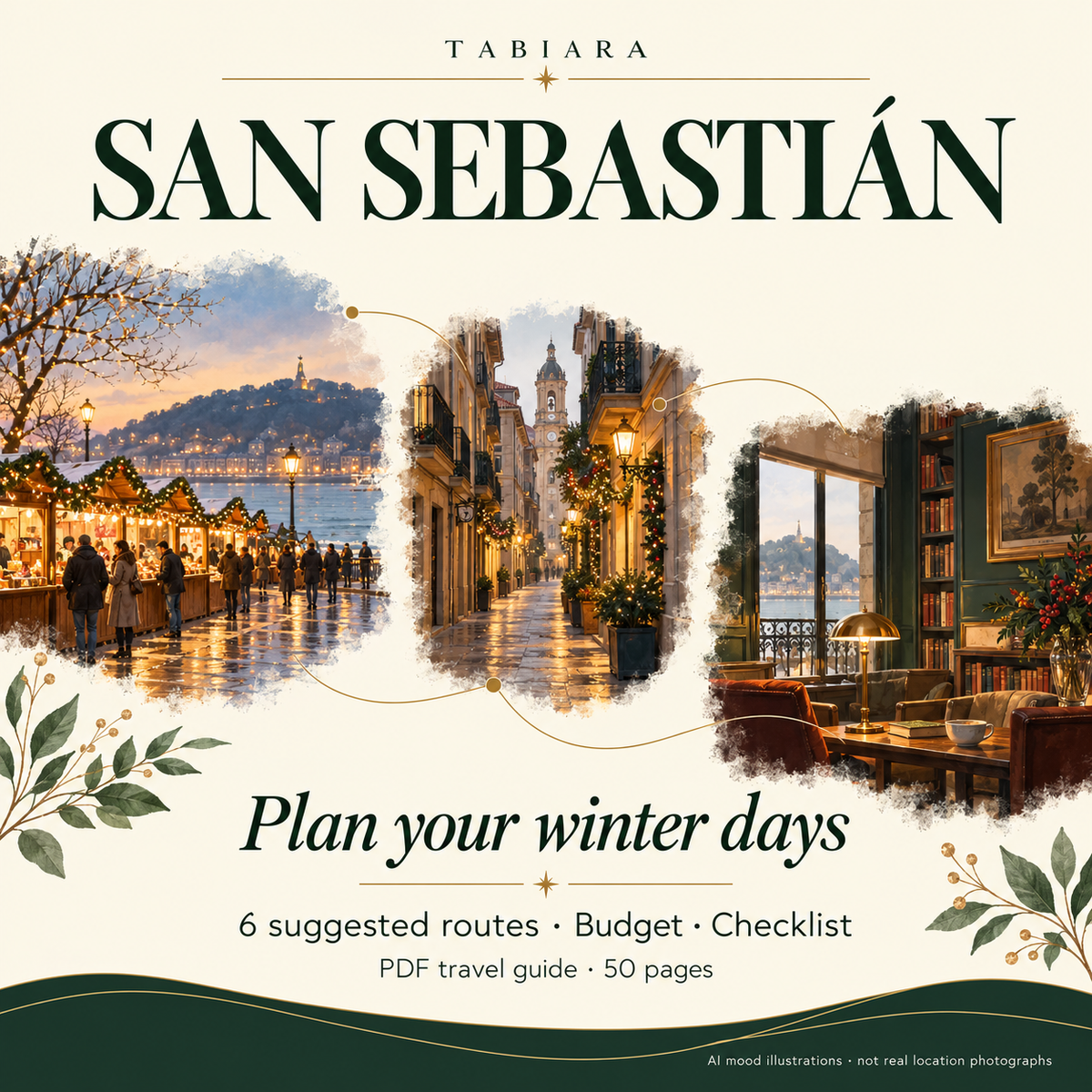 Route and trip planning pages for a Christmas market visit in San Sebastián (illustration)
