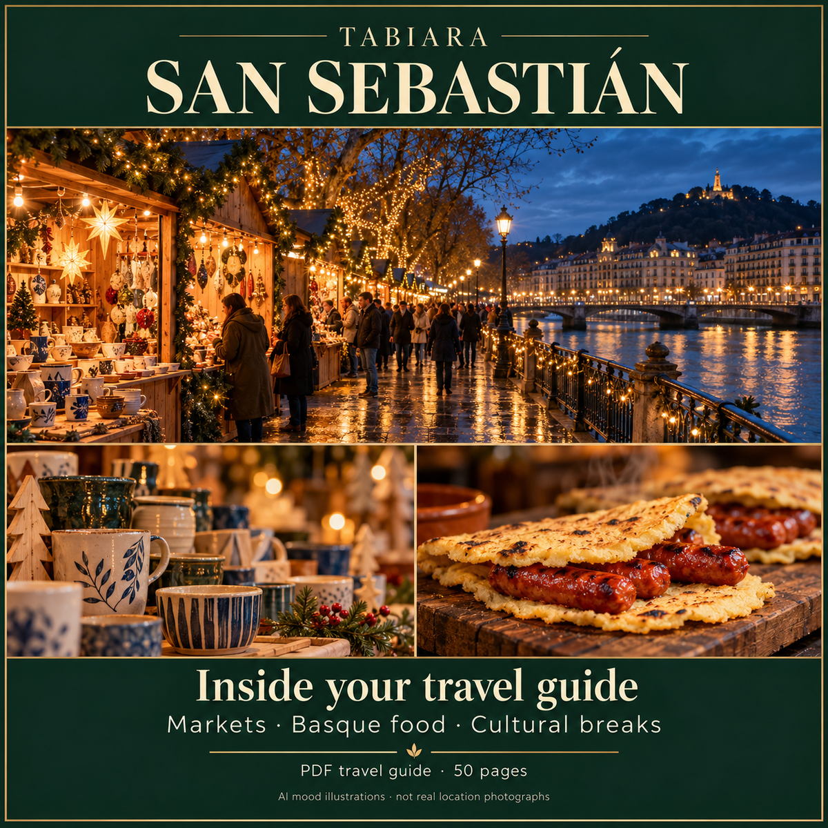 Preview pages of the San Sebastián Christmas market travel guide with market areas and opening times (illustration)