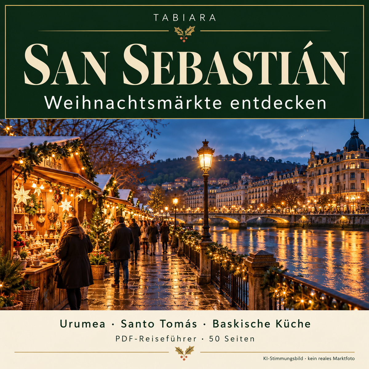 Cover des PDF-Reiseführers zu den Weihnachtsmärkten in San Sebastián 2026 (Illustration)