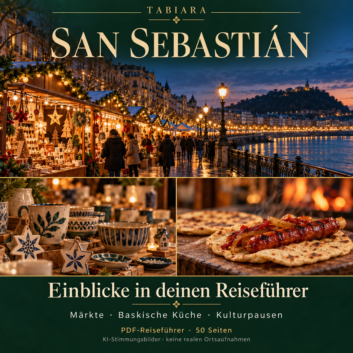 Einblick in die Seiten des Reiseführers zum Weihnachtsmarkt in San Sebastián (Illustration)