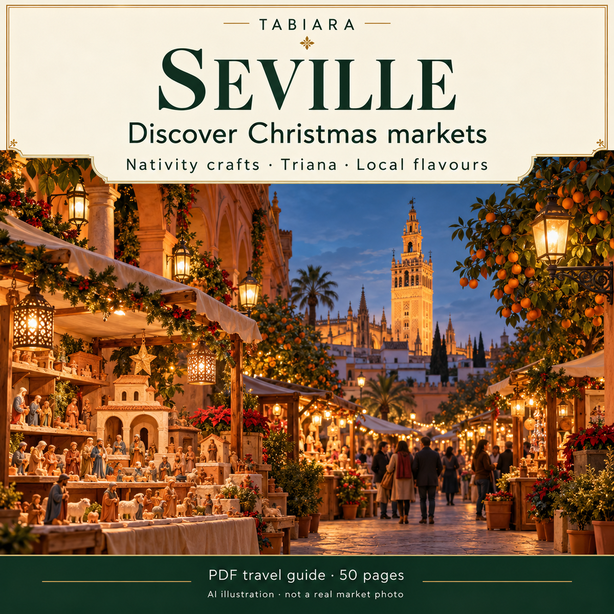 Cover of the Seville Christmas markets 2026 PDF travel guide with nativity figures, ceramics and festive food (illustration)