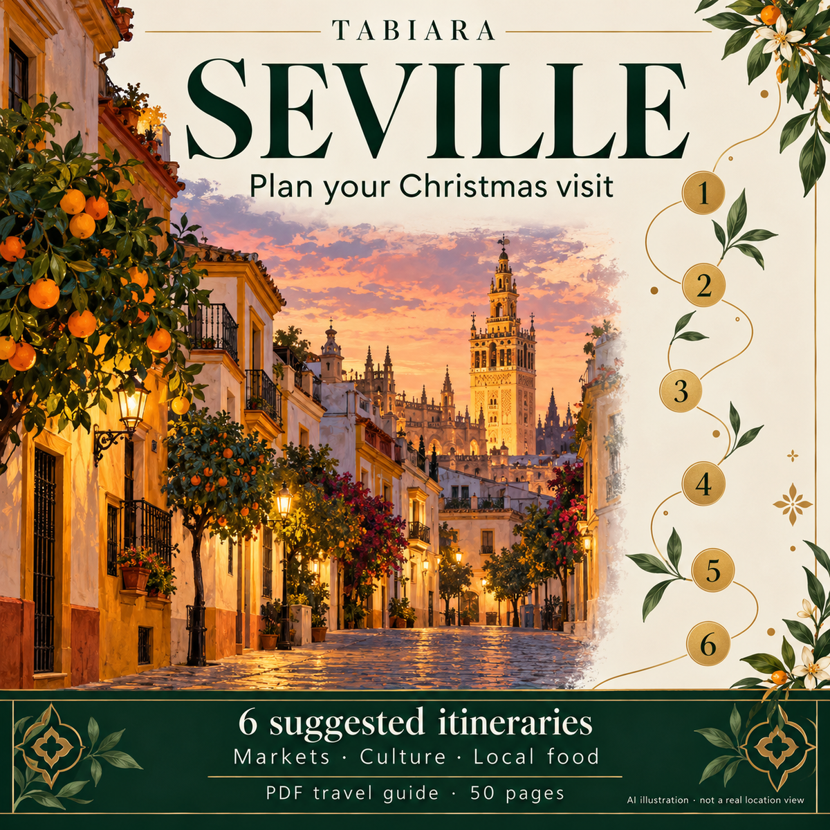 Route and trip-planning pages for a Christmas visit to Seville, Triana and Santa Paula (illustration)