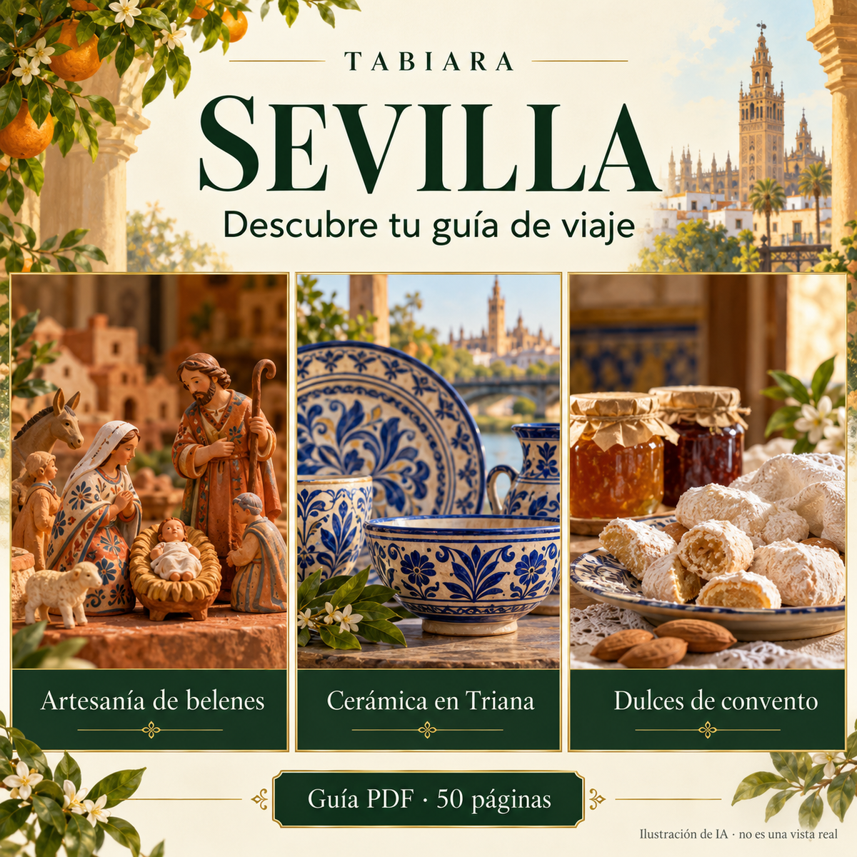 Vista interior de la guía de Sevilla con páginas sobre belenes, Triana y Santa Paula (ilustración)