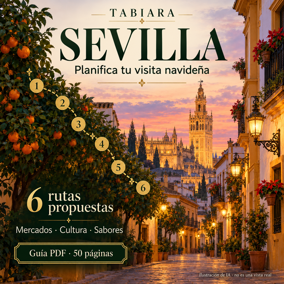 Páginas de rutas y planificación para un viaje navideño a Sevilla (ilustración)