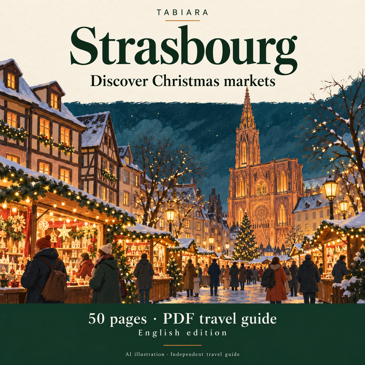 Cover of the Strasbourg Christmas markets travel guide with half-timbered houses and Advent stalls in the old town (illustration)