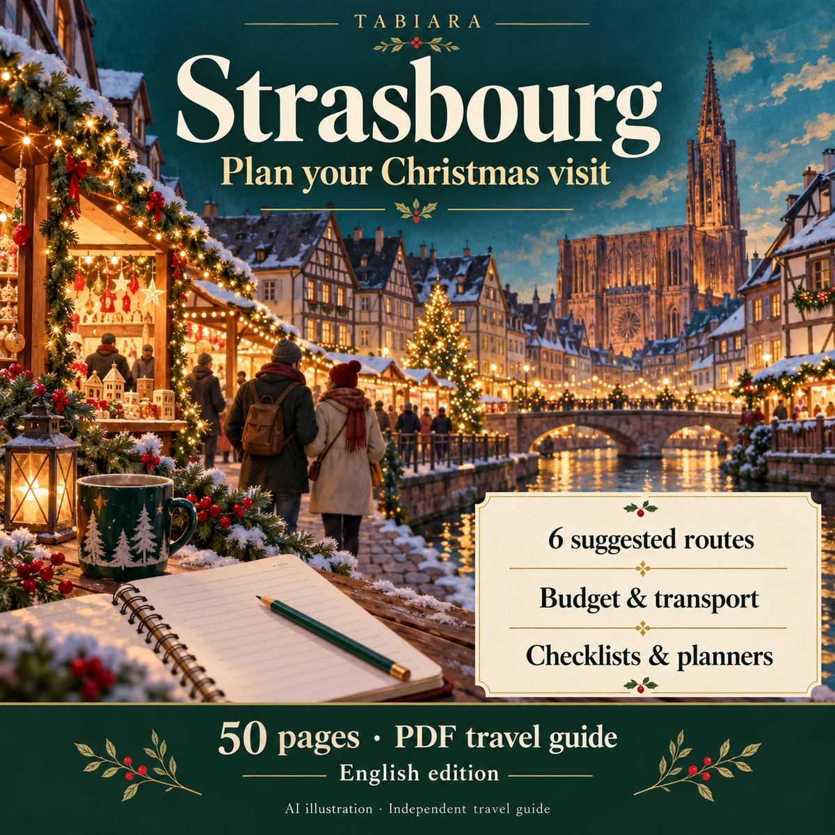 Guide page with walking routes and trip planning for the Strasbourg Christmas market areas (illustration)