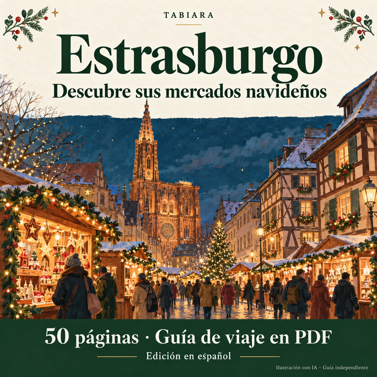 Portada de la guía en PDF de los mercados navideños de Estrasburgo 2026, edición en español (ilustración)