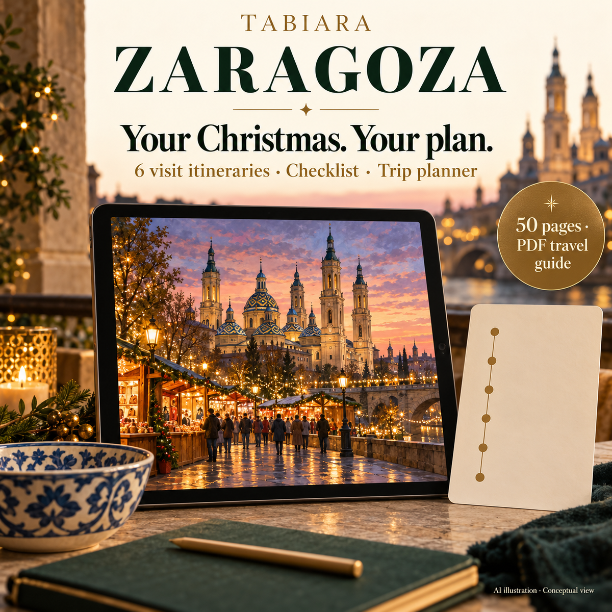 Route and trip planning pages for a Christmas market visit in Zaragoza, with suggested walks around El Pilar (illustration)