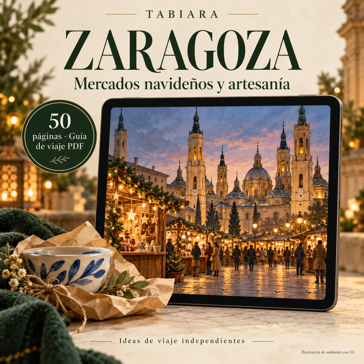 Portada de la guía en PDF de los mercados navideños de Zaragoza 2026 con luces junto al Ebro (ilustración)