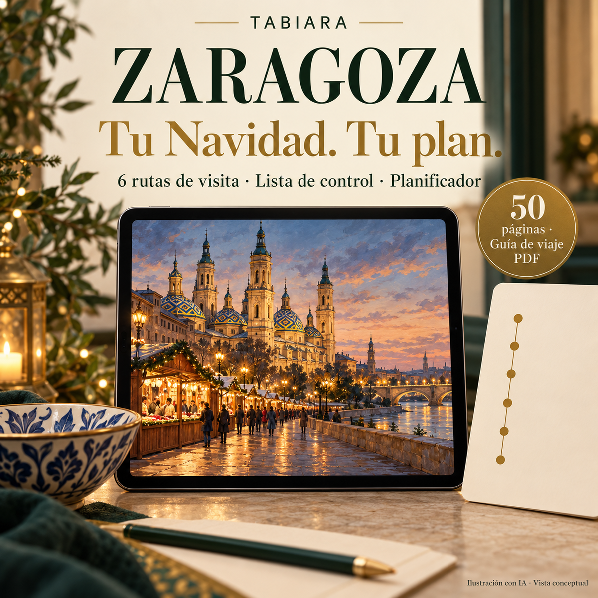 Páginas de rutas y planificación de la guía de los mercados navideños de Zaragoza (ilustración)