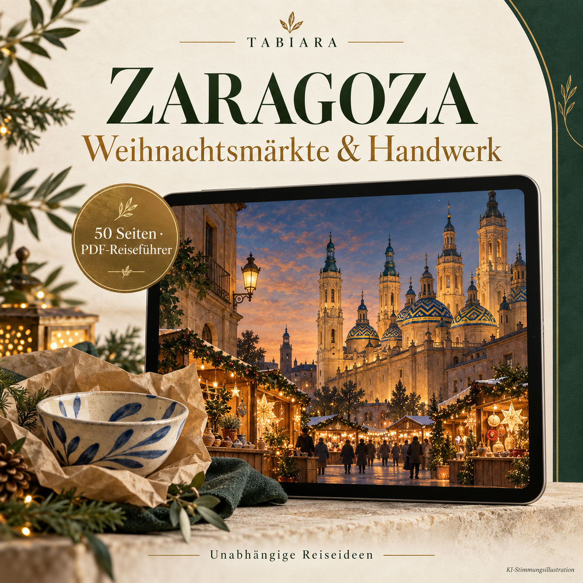 Titelbild des PDF-Reiseführers zu den Weihnachtsmärkten in Saragossa mit Lichtern am Ebro (Illustration)