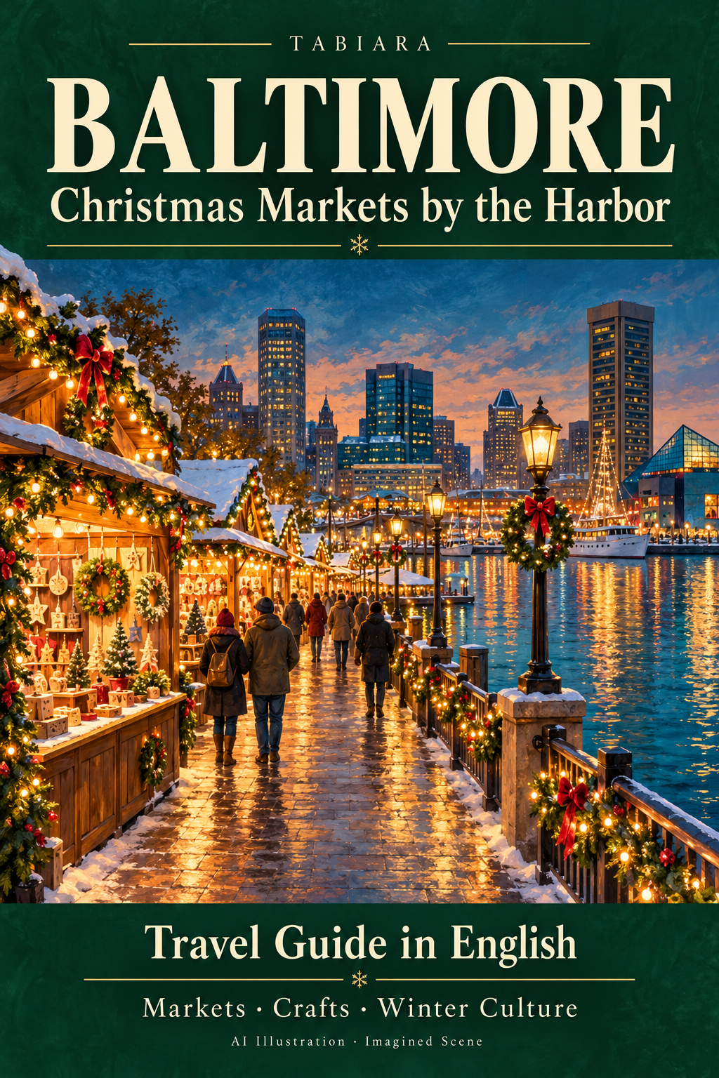 Christmas market stalls and lights beside the water at Baltimore's Inner Harbor in winter (illustration)