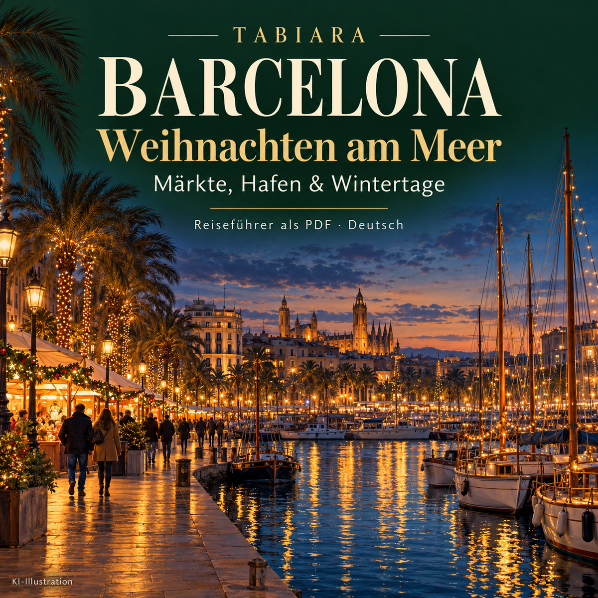 Weihnachtsstände am Hafen von Barcelona im Abendlicht (Illustration)