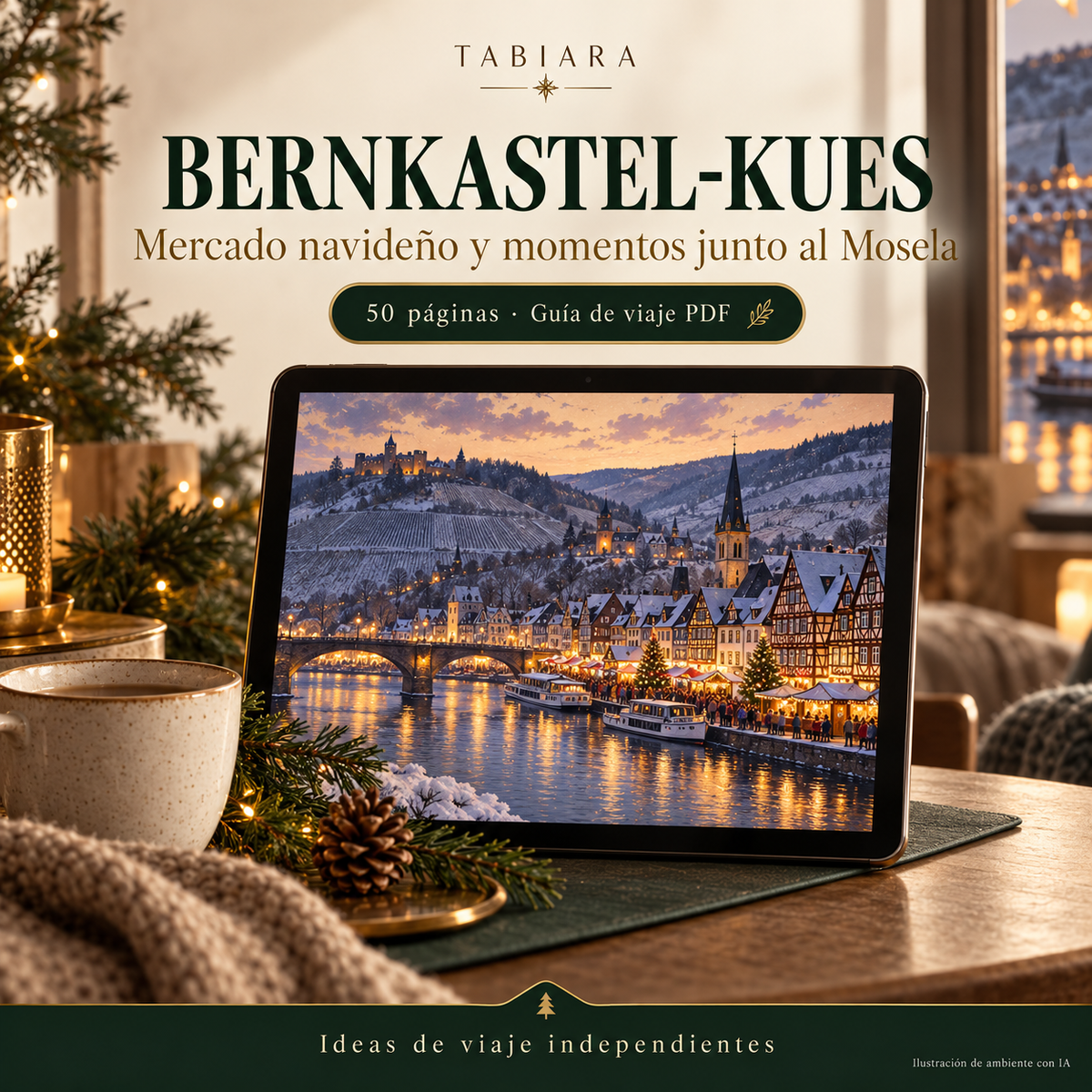 Portada de la guía en PDF de los mercados navideños de Bernkastel-Kues 2026 con casas de entramado junto al Mosela (ilustración)