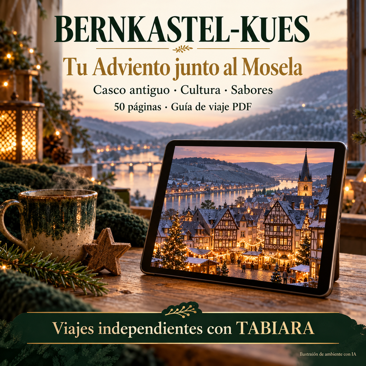 Vista interior de la guía de Bernkastel-Kues con páginas sobre el mercado navideño, horarios y rutas (ilustración)
