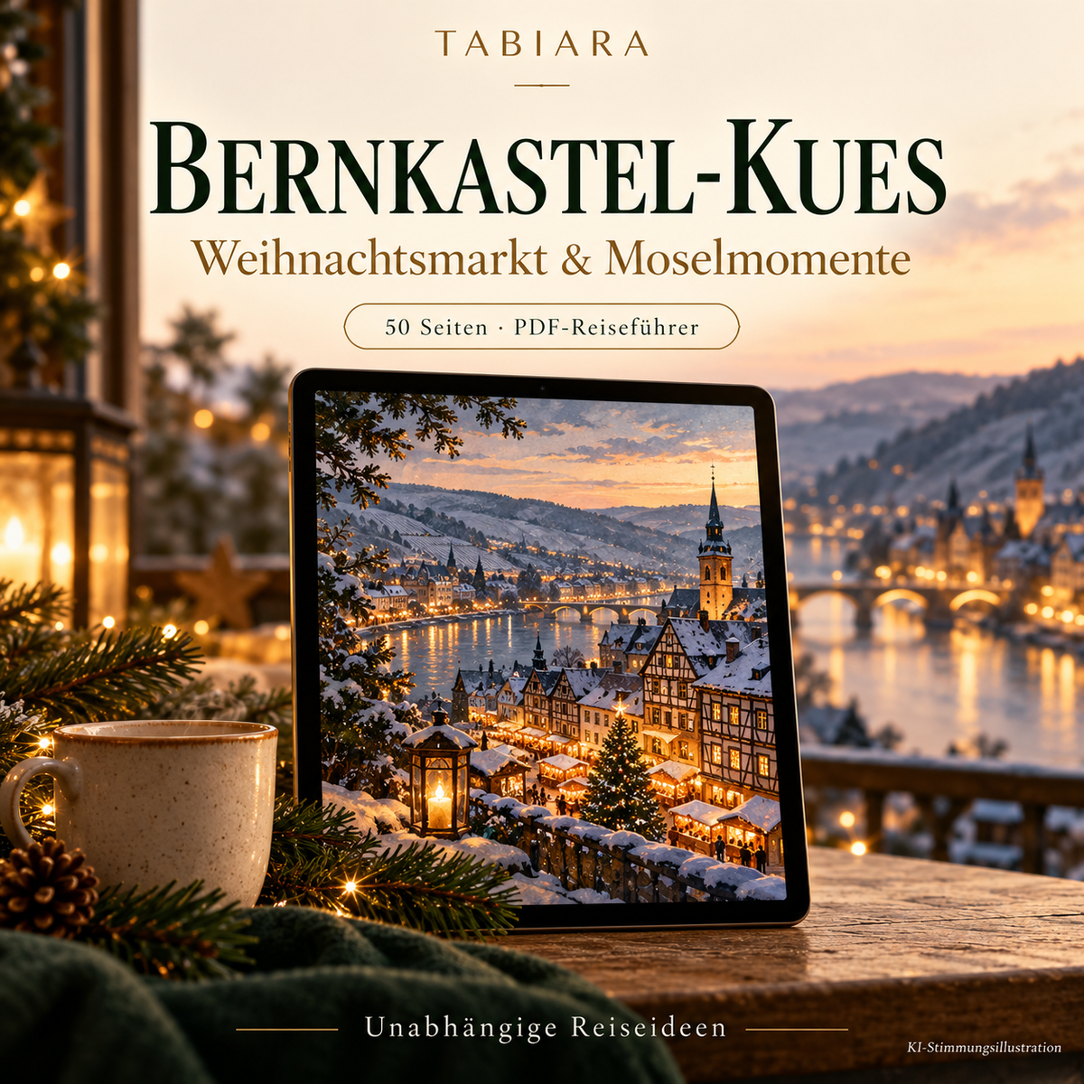 Cover des PDF-Reiseführers zum Weihnachtsmarkt in Bernkastel-Kues mit Fachwerkhäusern und Lichtern an der Mosel (Illustration)