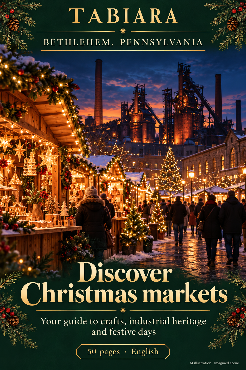 Cover of the Bethlehem, Pennsylvania Christmas markets travel guide with a lit winter market scene (illustration)