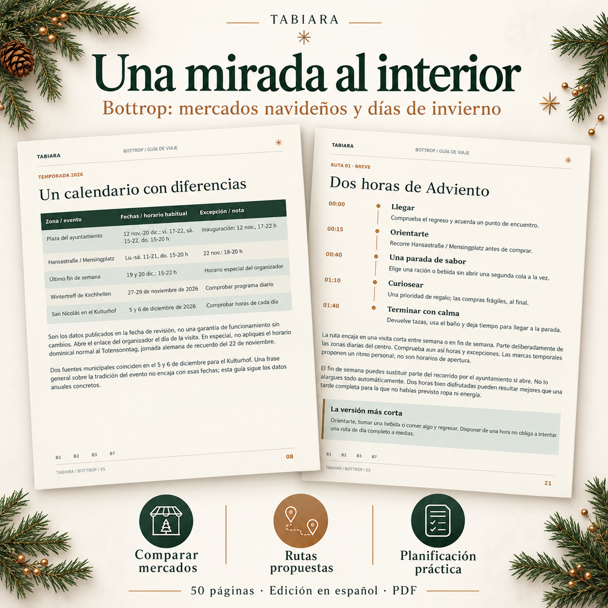 Páginas interiores de la guía de Bottrop con calendario de mercados y consejos de Adviento (ilustración)