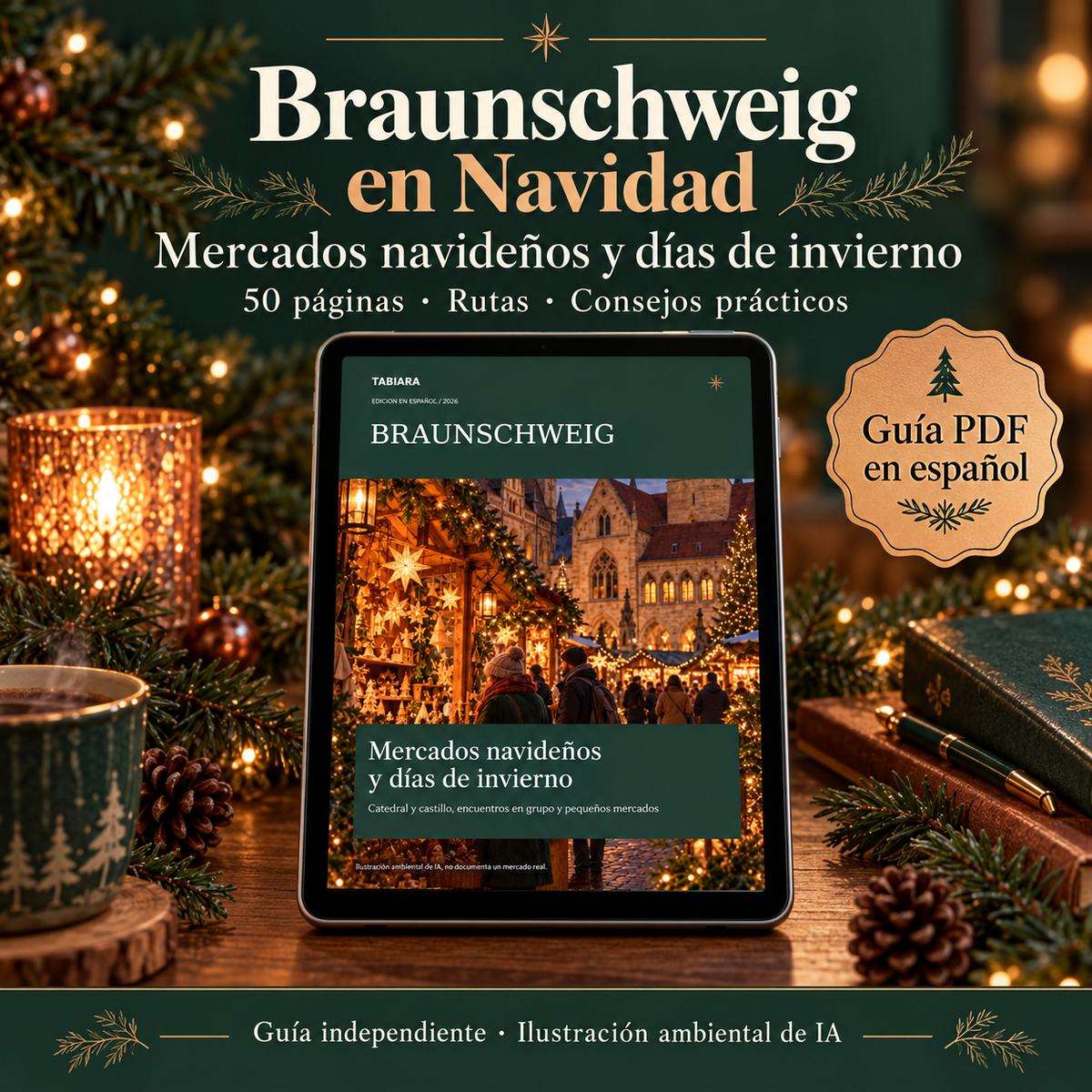 Portada de la guía en PDF de los mercados navideños de Braunschweig 2026 de Tabiara (ilustración)