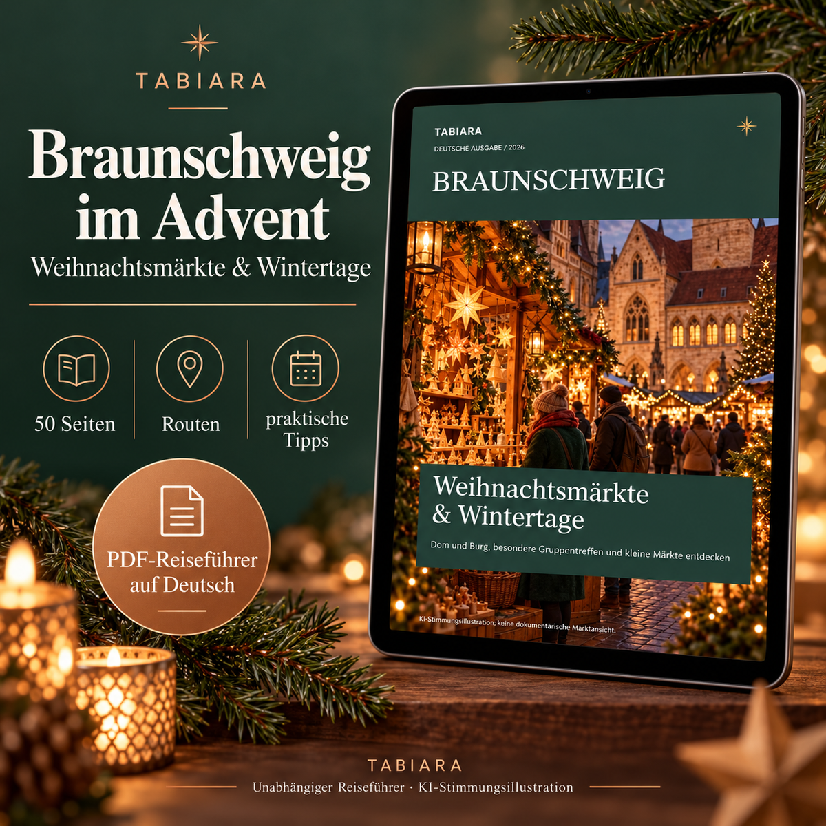 Cover des Braunschweig-Weihnachtsmarkt-Guides mit Burg Dankwarderode und Dom (Illustration)