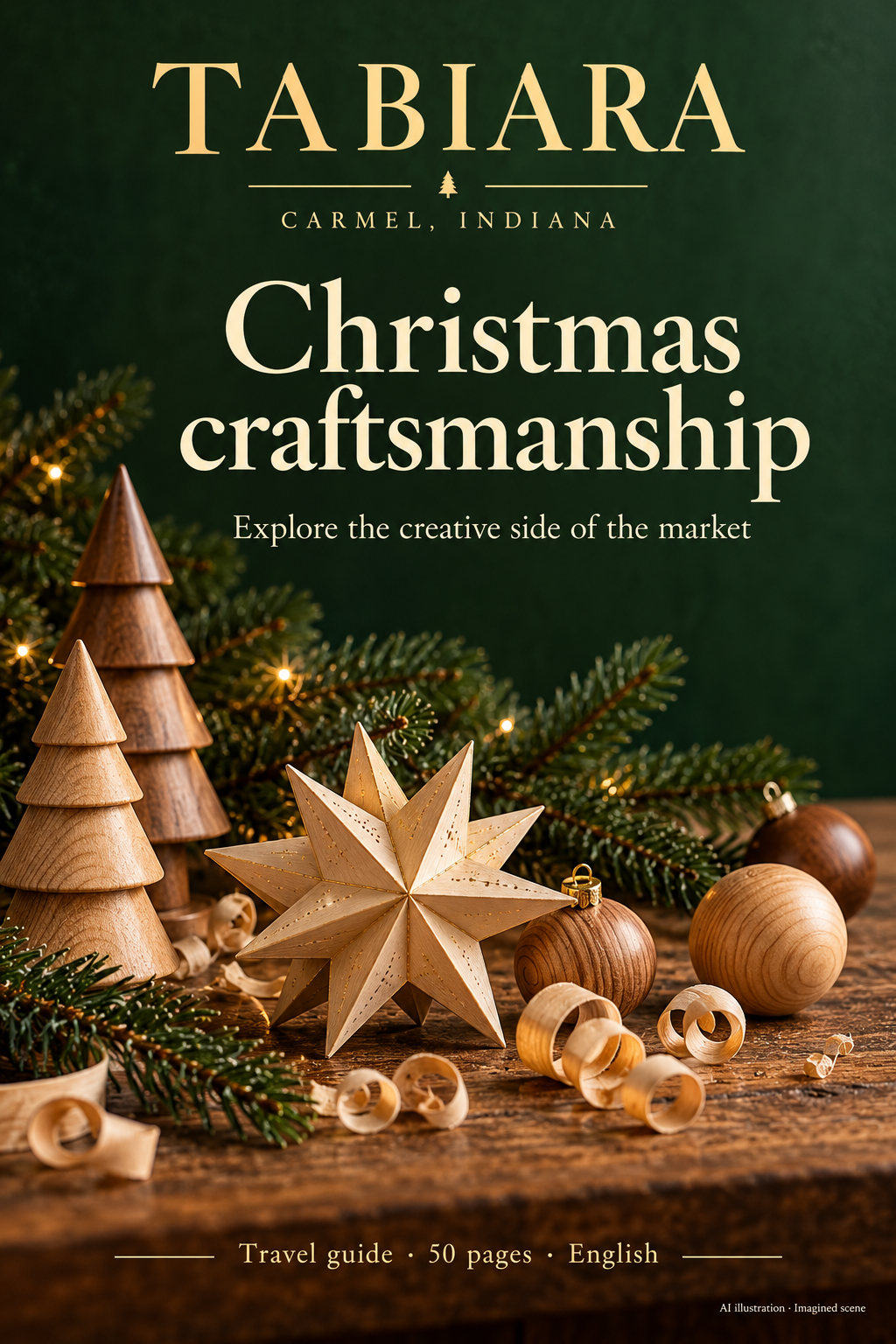 Handmade Christmas crafts and wooden decorations at a market stall in Carmel, Indiana (illustration)
