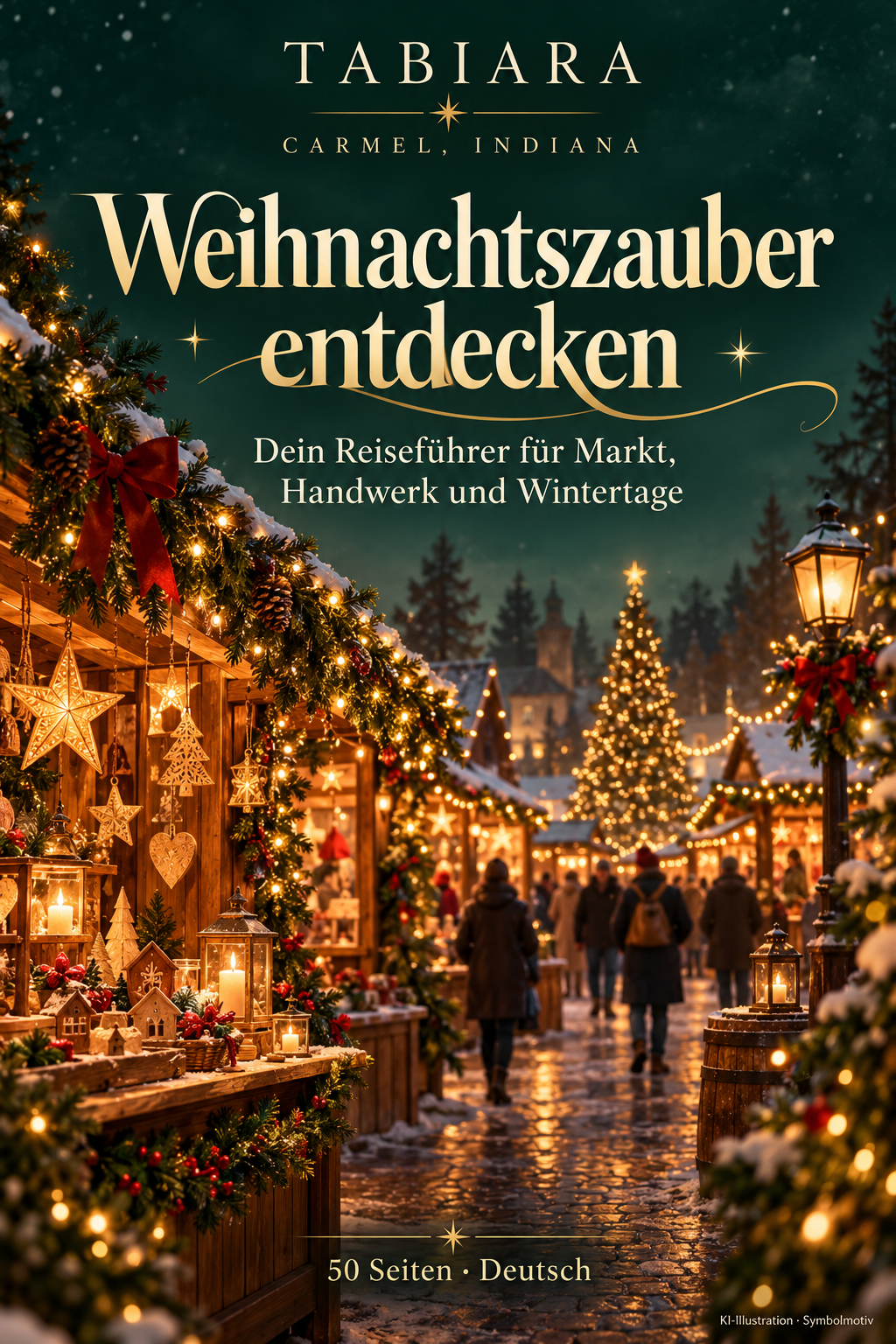 Titelbild des Reiseführers Carmel (Indiana) mit Weihnachtsmarkt-Stimmung am Carter Green (Illustration)